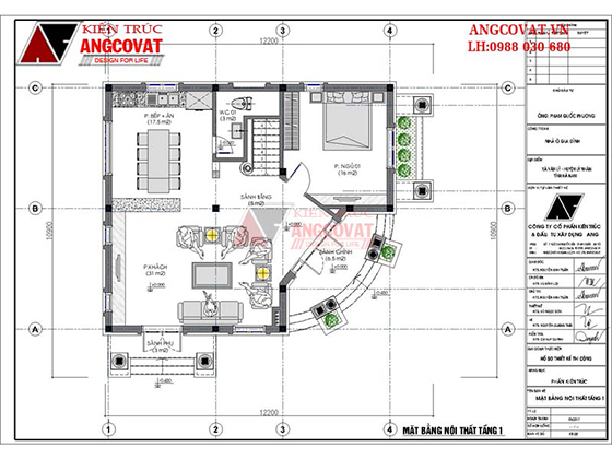 Mặt bằng tầng 1 mẫu nhà 2 tầng rưỡi mái thái tân cổ điển 110m2
