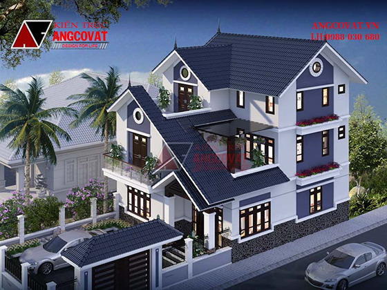 Hình ảnh phối cảnh mẫu nhà 2 tầng rưỡi 100m2 phong cách hiện đại