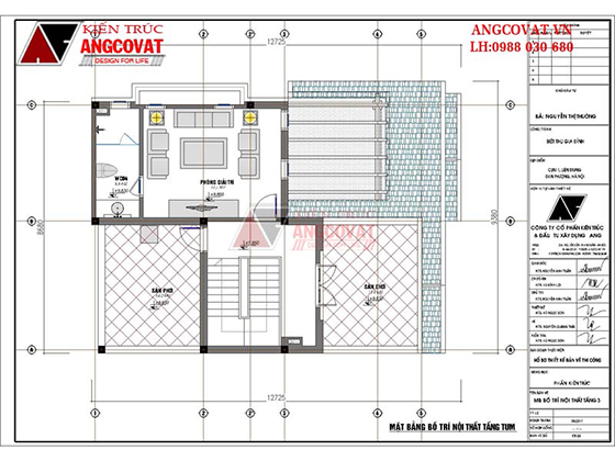 Mặt bằng tầng tum mẫu nhà 2 tầng rưỡi 100m2 phong cách hiện đại