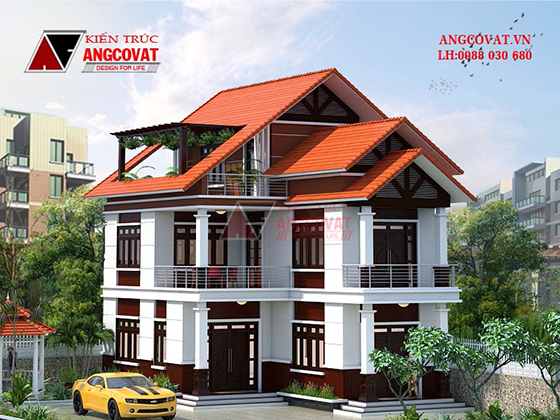 Phối cảnh 3D mẫu nhà 2 tầng rưỡi chữ L kích thước 8x15m