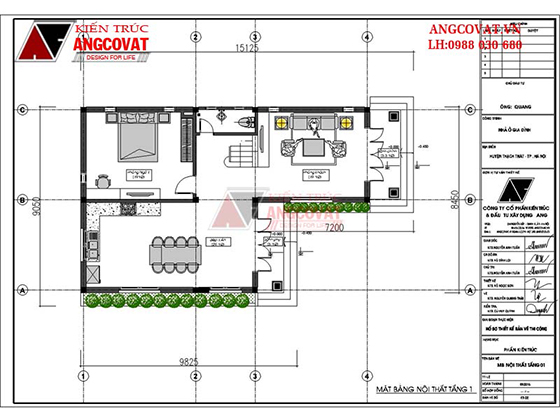 Mặt bằng tầng 1 mẫu nhà 2 tầng rưỡi chữ L kích thước 8x15m