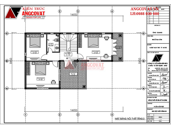 Mặt bằng tầng 2 mẫu nhà 2 tầng rưỡi chữ L kích thước 8x15m