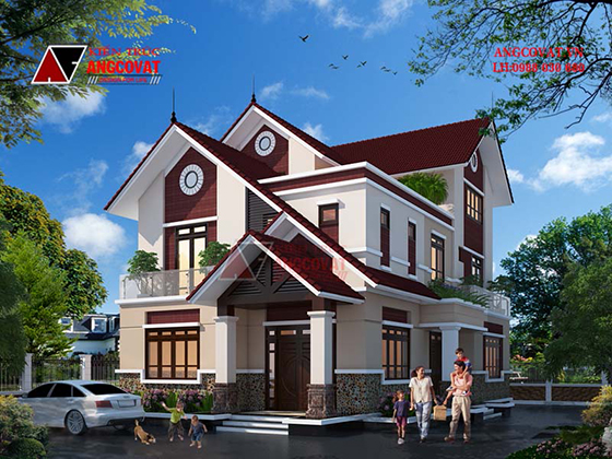 Phương án phối cảnh mẫu nhà 2 tầng rưỡi mặt tiền 10m diện tích 140m2