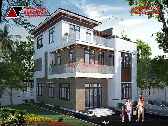 Phối cảnh mẫu nhà 2 tầng rưỡi mặt tiền 9m phong cách hiện đại