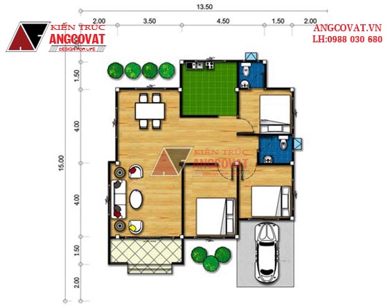 Bản vẽ nhà 1 tầng 3 phòng ngủ 100m2 hiện đại phong cách Châu Âu