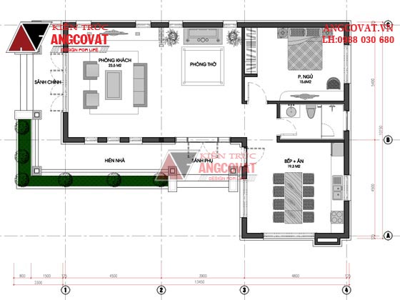 Mẫu thiết kế nhà cấp 4 hình chữ L mái ngói ở nông thôn BT12775