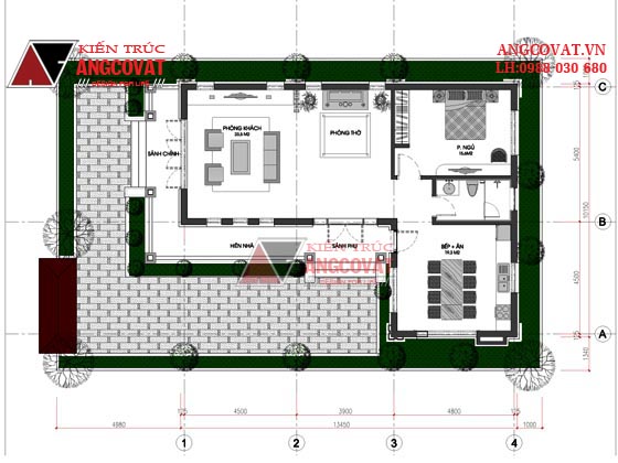 Mẫu thiết kế nhà cấp 4 hình chữ L mái ngói ở nông thôn BT12775