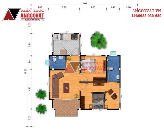 Mẫu thiết kế nhà 1 tầng diện tích 50m2 2 phòng ngủ BT32975