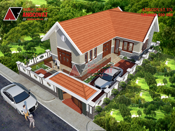 Thiết kế biệt thự 1 tầng hình chữ L có mái thái ngói truyền thống