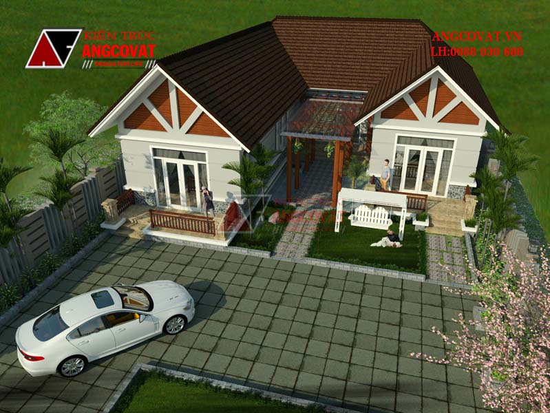 Thiết kế biệt thự 1 tầng hình chữ U có mái thái đồ sộ