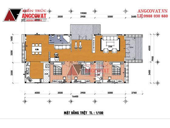 Thiết kế nhà 1 tầng 3 phòng ngủ 8x20m mái ngói ở Hà Nam