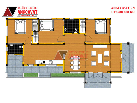 Mẫu thiết kế nhà 1 tầng 8x17m ở quê 3 phòng ngủ hiện đại