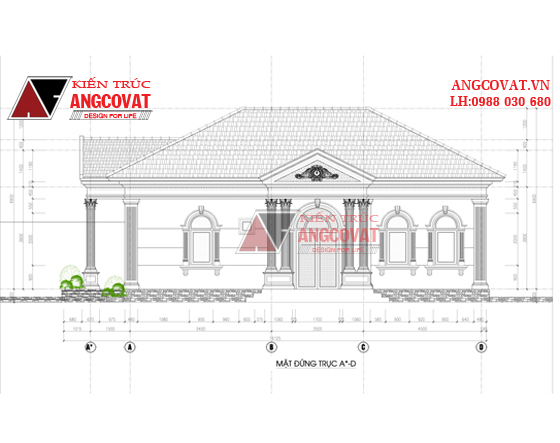 Thiết kế nhà 1 tầng 100m2 mặt tiền 8m phong cách cổ điển ở Thanh Hóa