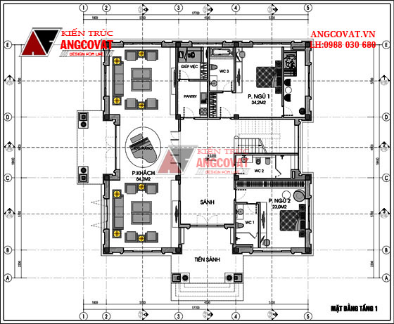 Mặt bằng tầng 1 - Mau thiet ke nha vuon 300m2 2 tầng phong cách tân cổ điển đẹp