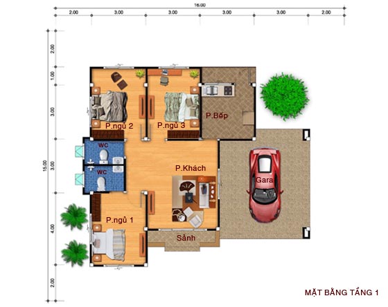 Mẫu thiết kế biệt thự 10x10m 1 tầng mái thái đẹp 3 phòng ngủ BT42975