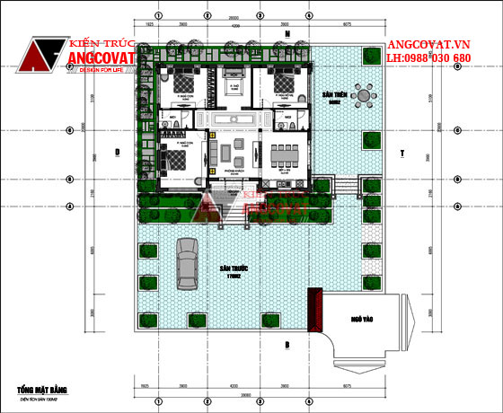 Mẫu thiết kế nhà 1 tầng hiện đại kiểu mái thái diện tích 120m2 mặt tiền 12m 3 phòng ngủ