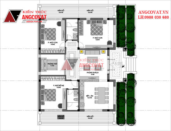 Mẫu thiết kế nhà 1 tầng 3 phòng ngủ 120m2 mái thái ở Quảng Bình