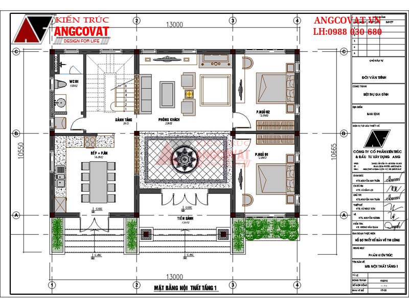 Mặt bằng tầng 1 của mẫu thiết kế nhà 2 tầng 120m2 với kinh phí đầu tư 1,2 tỷ đồng