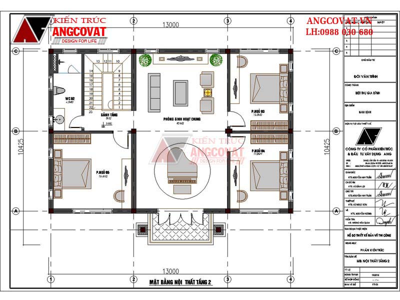 Mặt bằng tầng 2 của mẫu thiết kế nhà 2 tầng 120m2 với kinh phí đầu tư 1,2 tỷ đồng